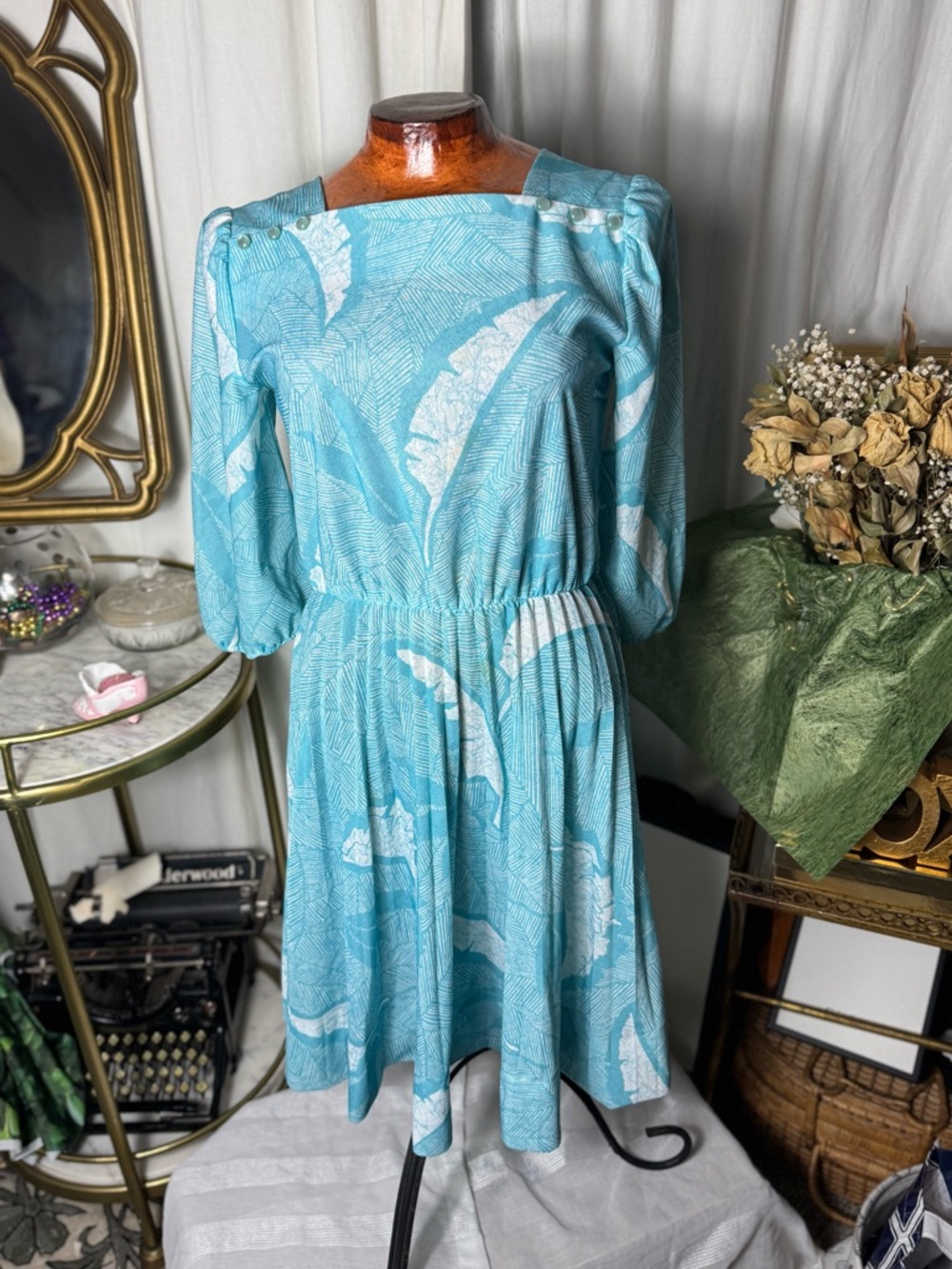 60s Feather Blue Women's Midi Dress a line